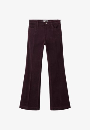 Dark purple corduroy pants with a high waist, front button, five-pocket design, and slightly flared legs.