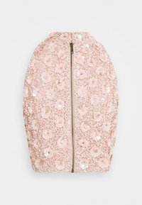 Gonna a matita rosa chiaro con cerniera centrale, decorata con applicazioni floreali 3D e paillettes che coprono l'intera superficie.