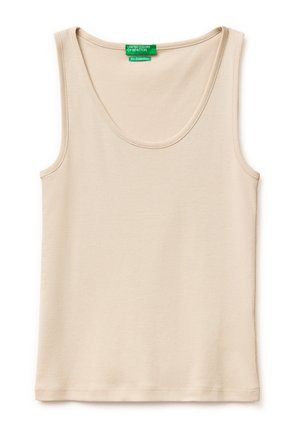 Beige mouwloze tanktop met ronde hals van gladde stof, met een groen label met "United Colors of Benetton" bij de kraag.