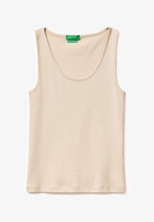 Beige mouwloze tanktop met ronde hals van gladde stof, met een groen label met "United Colors of Benetton" bij de kraag.