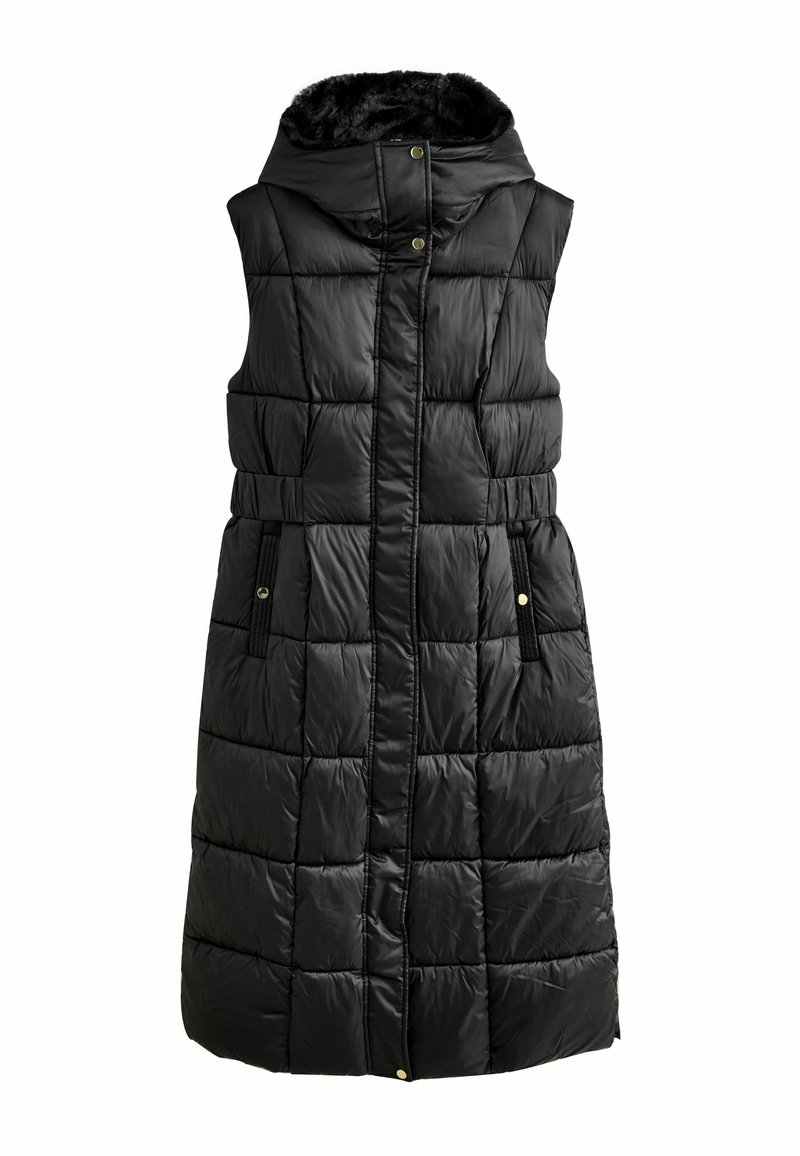Zwarte pufferw vest met capuchon, gequilt ontwerp, knopen aan de voorkant, zijzakken en een riem in de taille. Soepele, glanzende textuur, knielang.
