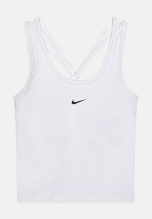 Top sportivo bianco senza maniche, corto, con spalline incrociate sulla schiena e piccolo logo Nike nero al centro davanti.