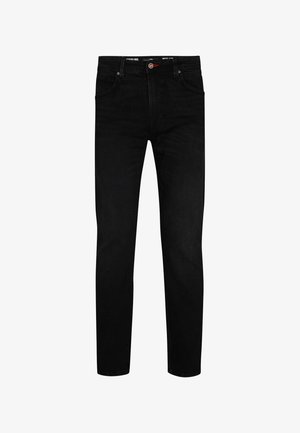 Zwarte spijkerbroek met een rechte snit, voorzien van een klassieke vijf-pocket ontwerp, knoopsluiting en subtiele stikseldetails.