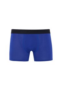 Blue boxer shorts with a black elastic waistband featuring the word "LONDON." The fabric is soft and smooth with a fitted design.