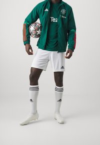 Grøn adidas-jakke med røde og grønne striber, parret med en grøn trøje, hvide shorts og stribede sokker. Holder en sort og hvidfodbold.