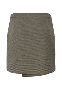 Mini-jupe courte à carreaux avec un motif subtil pied-de-poule et un ourlet asymétrique sur fond uni.