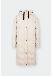 Lange pufferjas in off-white met chevron-quilted patroon, capuchon, zwarte trekkoorden en drukknopen aan de voorkant. Bevat zijzakken voor extra gemak.
