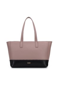 Mauve tote-väska med svart texturerad bottenpanel och två långa handtag, rektangulär form och en liten guldfärgad märke framtill.