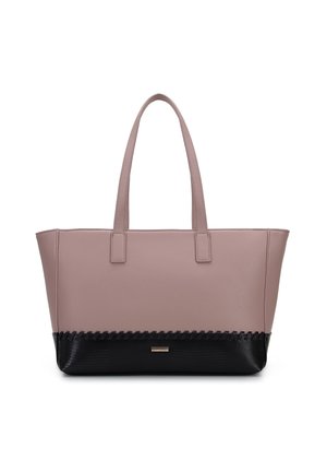 Sac fourre-tout mauve avec un panneau inférieur texturé noir et deux longues poignées, de forme rectangulaire, et une petite plaque de marque dorée à l'avant.