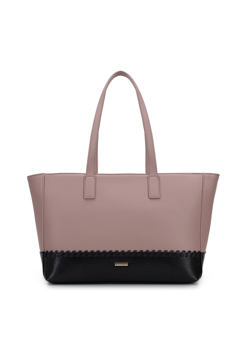 Mauve tote-väska med svart texturerad bottenpanel och två långa handtag, rektangulär form och en liten guldfärgad märke framtill.