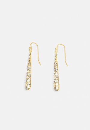 Boucles d'oreilles pendantes ton or avec un design effilé, ornées de strass clairs et champagne alternés, dotées de fermoirs à crochets français.