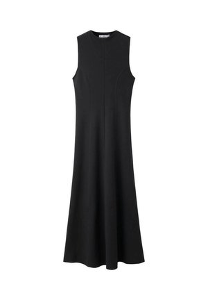 Rochie neagră fără mâneci, cu decolteu rotund, bust ajustat și fustă evazată. Confecționată dintr-un material neted, cu linii curate și un design minimalist.