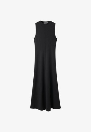 Zwarte mouwloze jurk met een ronde halslijn, getailleerde bovenkant en uitlopende rok. Gemaakt van een soepele stof, met strakke lijnen en een minimalistisch ontwerp.