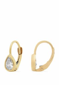 Orecchini dorati con un design a goccia, caratterizzati da pietre chiare e sfaccettate. Finitura in metallo liscia con un dettaglio di chiusura a cerniera sicura.