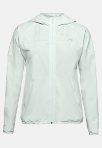 Light teal jacket with a hood, made from smooth fabric. Features a full zip, two side pockets, and subtle branding in a repeating pattern.