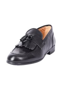 Pantofole in pelle nera con punta arrotondata, dettaglio a frange e tacco basso. L'interno è color cammello e presenta cuciture lungo i bordi.