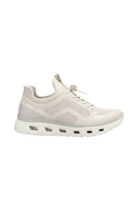 Light beige sneaker with mesh upper, textured detailing, and a thick white sole featuring cutouts for cushioning. Lacing system at the front.