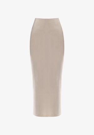 Beige gerippter Bleistiftrock mit hoher Taille, figurbetonendem Schnitt und strukturiertem Stoff. Die Länge reicht bis unter das Knie.