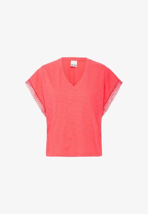 T-shirt à manches courtes, col en V en corail, avec une texture douce et des détails en dentelle le long des manches. Design classique et coupe décontractée.
