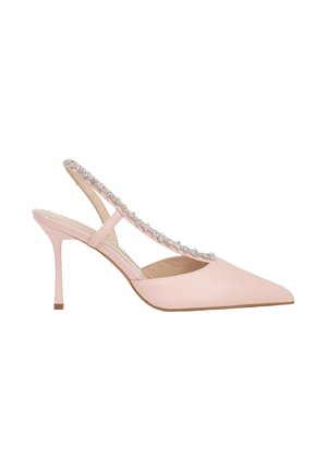 Roze slingback pumps met spitse neus, slanke hak en een met strass-steentjes versierde band over de voet.