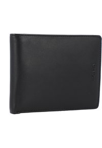 Portafoglio in pelle nera con texture liscia, design pieghevole e logo impresso. Caratterizzato da bordi puliti e uno stile minimalista.