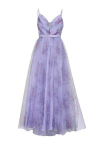 Lila Kleid mit einem taillierten Oberteil, verstellbaren Spaghettiträgern und einem fließenden, durchsichtigen Überwurf mit einem floralem Muster.