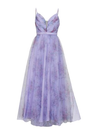 Lila Kleid mit einem taillierten Oberteil, verstellbaren Spaghettiträgern und einem fließenden, durchsichtigen Überwurf mit einem floralem Muster.