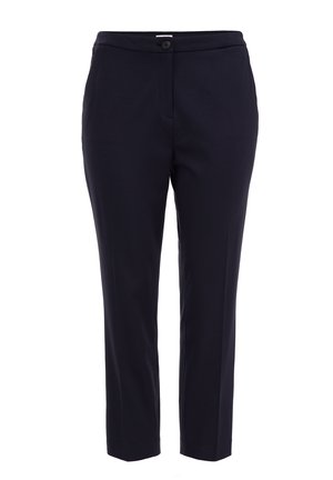 Pantalones ajustados azul marino confeccionados en una tela suave. Cuentan con un cierre de botón, un diseño de pierna recta y una cintura de altura media.