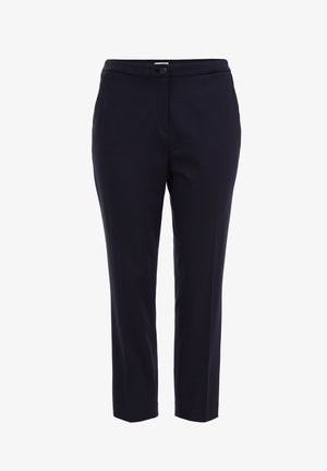 Tumesinine kohandatud püksid, mis on valmistatud siledast kangast. Omab nupuga sulgemist, sirget sääre disaini ja keskmise kõrgusega vööd.