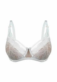 Koronkowy biustonosz w jasnoszarym kolorze z przezroczystym, kwiatowym wzorem, formowanymi miseczkami i satynowymi ramiączkami. Posiada małą kokardkę na środku oraz regulowane ramiączka.