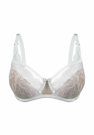 Koronkowy biustonosz w jasnoszarym kolorze z przezroczystym, kwiatowym wzorem, formowanymi miseczkami i satynowymi ramiączkami. Posiada małą kokardkę na środku oraz regulowane ramiączka.
