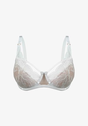 Koronkowy biustonosz w jasnoszarym kolorze z przezroczystym, kwiatowym wzorem, formowanymi miseczkami i satynowymi ramiączkami. Posiada małą kokardkę na środku oraz regulowane ramiączka.