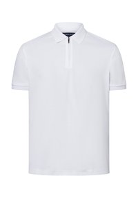 Weißes Polohemd mit einem Reißverschluss am Kragen, kurzen Ärmeln mit strukturiertem Bündchen und klassischer Passform, aus atmungsaktivem Material gefertigt.