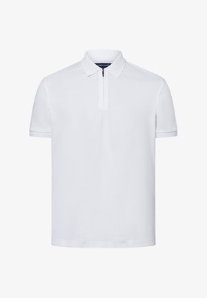 Weißes Polohemd mit einem Reißverschluss am Kragen, kurzen Ärmeln mit strukturiertem Bündchen und klassischer Passform, aus atmungsaktivem Material gefertigt.