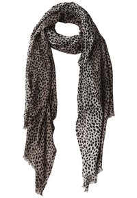 Sciarpa con stampa leopardata in beige e nero, realizzata in tessuto leggero con bordi frangiati, caratterizzata da una texture morbida e una caduta ampia.