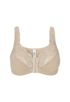 Beige voor sluiting beha met bloemenkant rand op de cups en bandjes, gladde stof op de onderste cups en verstelbare bandjes.