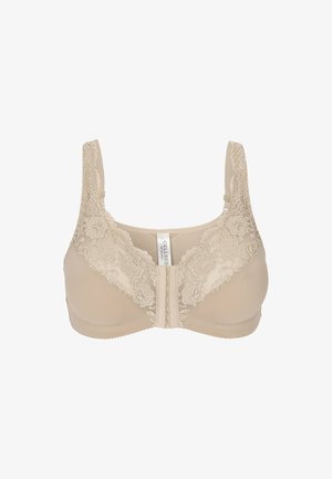 Beige bh med framknäppning och blommönstrad spetsdetalj på kuporna och band, släta tygkupor under och justerbara band.