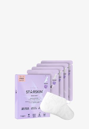 Kit de masque exfoliant pour les pieds STĀRSKIN : une boîte violette portant la mention « 3 + 1 gratuit », quatre sachets et un masque blanc en forme de pied.