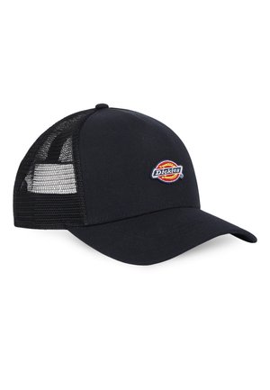 Schwarze Baseballmütze mit einem festen Frontbereich und Mesh-Seitenpaneelen. Mit einem gestickten, mehrfarbigen "Dickies"-Logo auf der Vorderseite.
