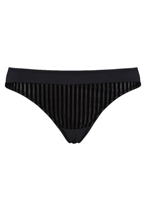 Zwarte bikini onderkant met een soepel tailleband en een gestreepte, semi-doorschijnende textuur. Het ontwerp is minimalistisch met een klassieke snit.