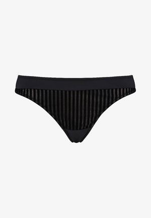 Zwarte bikini onderkant met een soepel tailleband en een gestreepte, semi-doorschijnende textuur. Het ontwerp is minimalistisch met een klassieke snit.