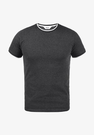 T-shirt corto nero a maniche corte con un motivo testurizzato. Caratterizzato da un colletto e polsini bianchi, realizzato in materiale morbido ed elastico.
