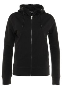 Sudadera con cremallera negra fabricada en tejido suave. Cuenta con una cremallera frontal, dos bolsillos laterales y cordones ajustables en la capucha.