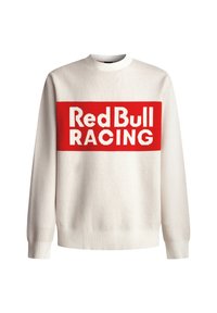 Weißer Pullover mit langen Ärmeln und rotem rechteckigem Logo mit der Aufschrift "Red Bull RACING" auf der Brust zentriert.