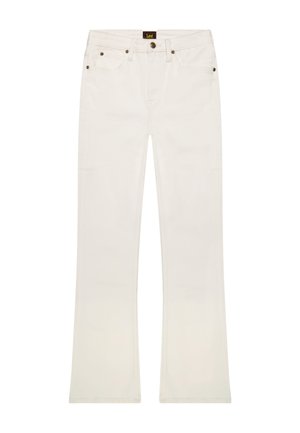 Λευκά τζιν ψηλής μέσης με ελαφριά φαρδιά γραμμή, κλείσιμο με κουμπί και φερμουάρ στο εμπρός μέρος, πέμπτες τσέπες και ετικέτα της μάρκας Lee στη μέση.