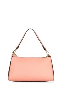 Borsa a mano in pelle rosa con superficie texturizzata, forma rettangolare, manico superiore singolo e dettagli in metallo dorato. Chiusura con zip sulla parte superiore.