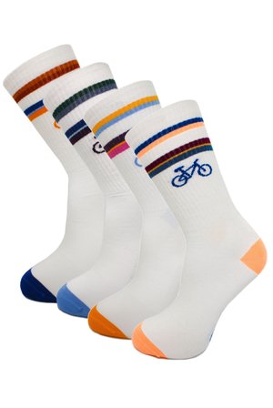 Weiße Socken mit bunten Streifen und einem Fahrradmotiv. Erhältlich in vier Varianten, mit kontrastierenden Akzenten an Zehen und Ferse.