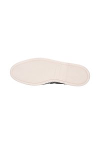 Zwart-witte gestructureerde sneakerzool van rubbermateriaal, met een ronde vorm en een gladde beige loopzool. Heeft een antislip patroon.