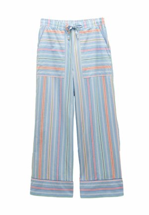 Svetlomodré voľné nohavice s vertikálnymi pruhmi v oranžovej, ružovej a zelenej farbe, sťahované v páse šnúrkou a veľkými náprsnými vreckami.