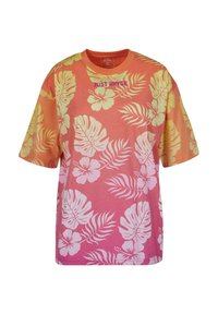 Short-sleeve, oversized t-shirt in gradient orange and yellow with white tropical floral patterns. Features "JUST RHYSE" text in purple.